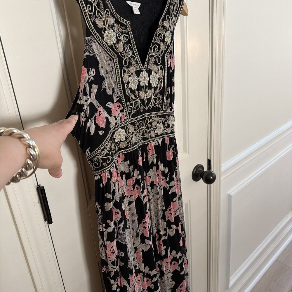 Monsoon Black Chiffon Silver Thread Peacock Floral Maxi Dress Boho Size 12 - Picture 4 of 13